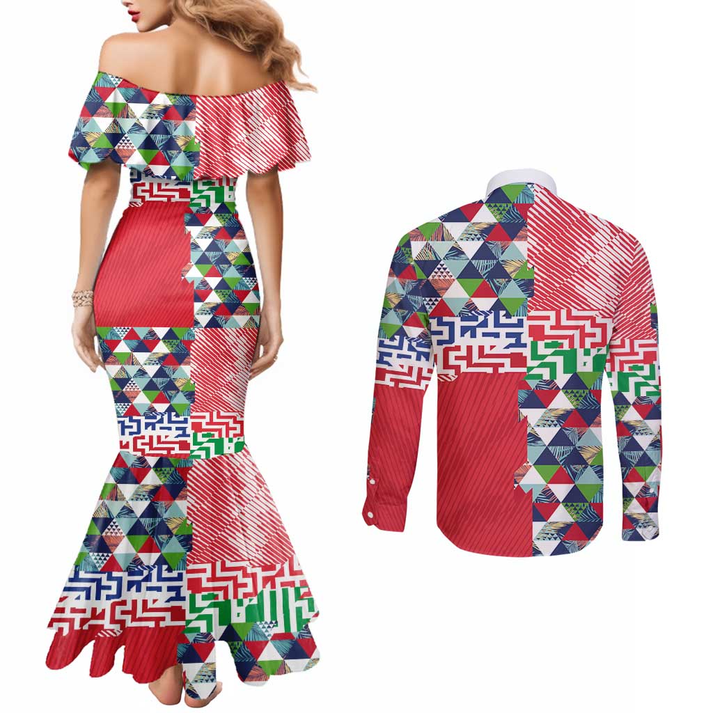 Hawaiian Floral Kakau Tropical Leaves-Sporty Style Couples Matching Mermaid Dress and Long Sleeve Button Shirt LT03 - Polynesian Pride
