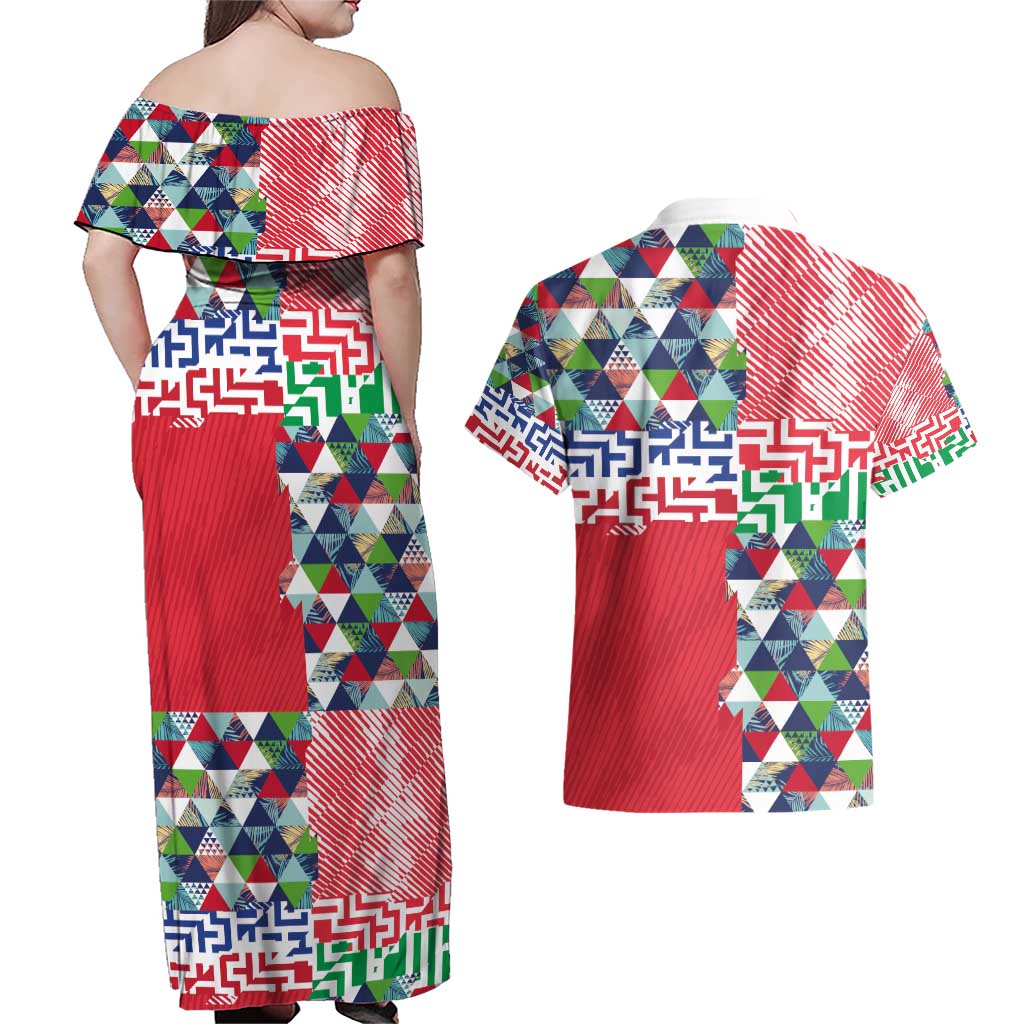 Hawaiian Floral Kakau Tropical Leaves-Sporty Style Couples Matching Off Shoulder Maxi Dress and Hawaiian Shirt LT03 - Polynesian Pride