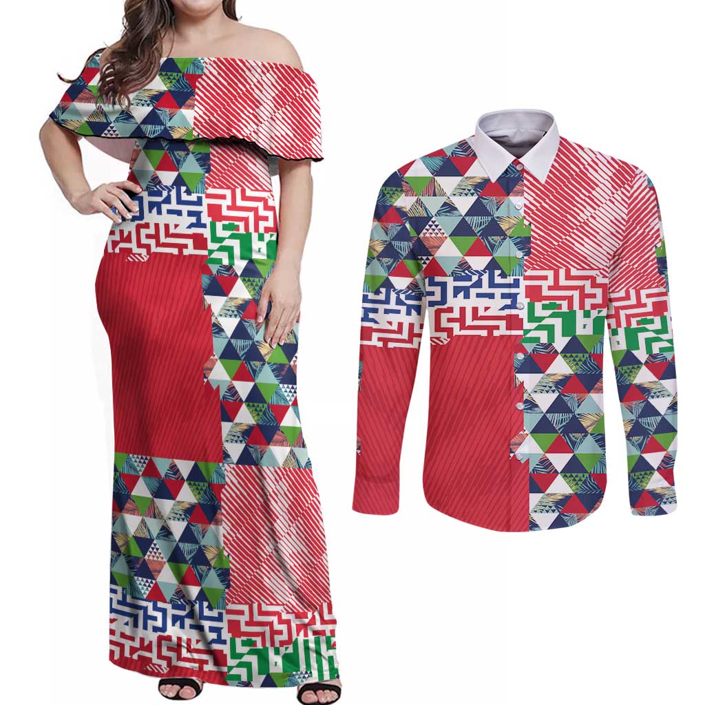 Hawaiian Floral Kakau Tropical Leaves-Sporty Style Couples Matching Off Shoulder Maxi Dress and Long Sleeve Button Shirt LT03 Art - Polynesian Pride