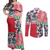 Hawaiian Floral Kakau Tropical Leaves-Sporty Style Couples Matching Off Shoulder Maxi Dress and Long Sleeve Button Shirt LT03 Art - Polynesian Pride