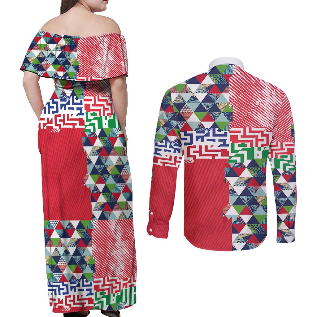 Hawaiian Floral Kakau Tropical Leaves-Sporty Style Couples Matching Off Shoulder Maxi Dress and Long Sleeve Button Shirt LT03 - Polynesian Pride