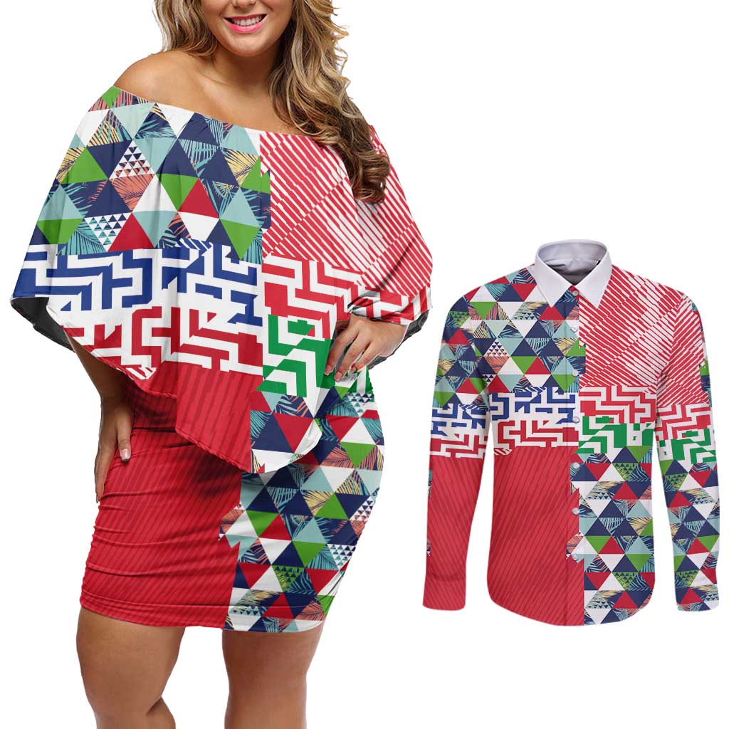 Hawaiian Floral Kakau Tropical Leaves-Sporty Style Couples Matching Off Shoulder Short Dress and Long Sleeve Button Shirt