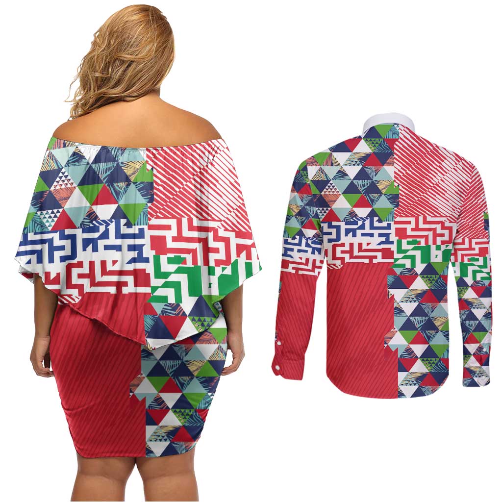 Hawaiian Floral Kakau Tropical Leaves-Sporty Style Couples Matching Off Shoulder Short Dress and Long Sleeve Button Shirt LT03 - Polynesian Pride