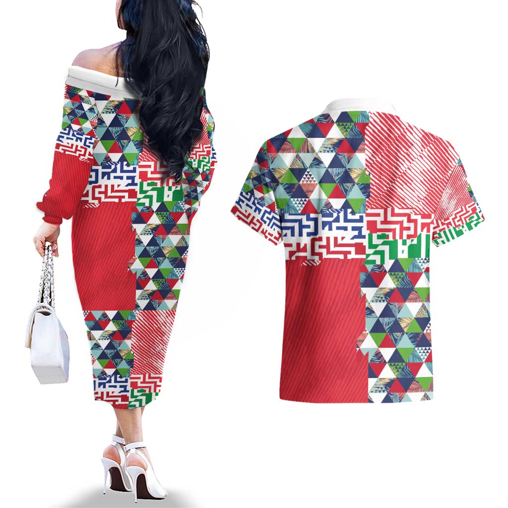 Hawaiian Floral Kakau Tropical Leaves-Sporty Style Couples Matching Off The Shoulder Long Sleeve Dress and Hawaiian Shirt LT03 - Polynesian Pride