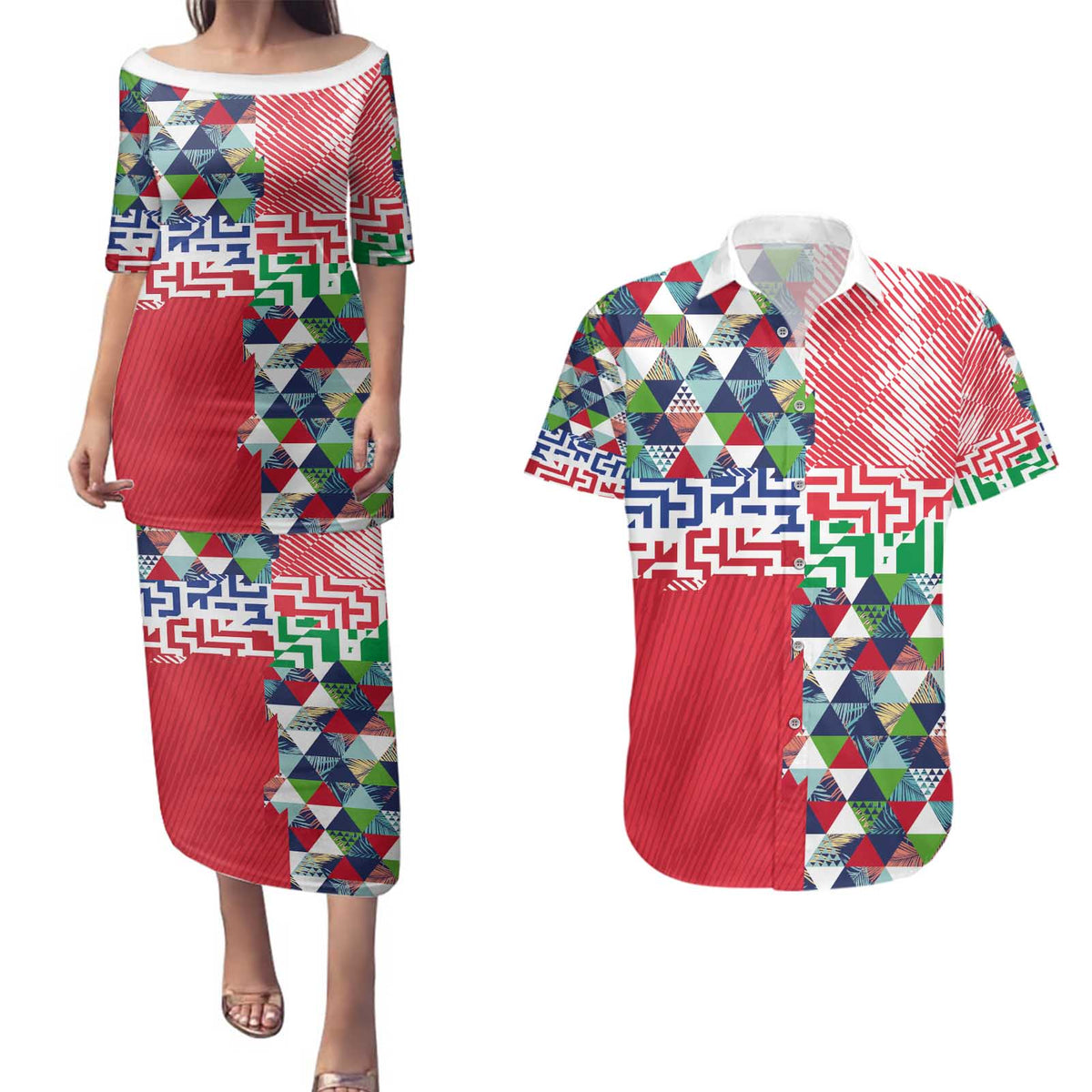 Hawaiian Floral Kakau Tropical Leaves-Sporty Style Couples Matching Puletasi and Hawaiian Shirt LT03 Art - Polynesian Pride