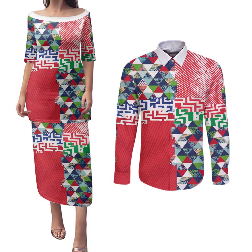 Hawaiian Floral Kakau Tropical Leaves-Sporty Style Couples Matching Puletasi and Long Sleeve Button Shirt LT03 Art - Polynesian Pride