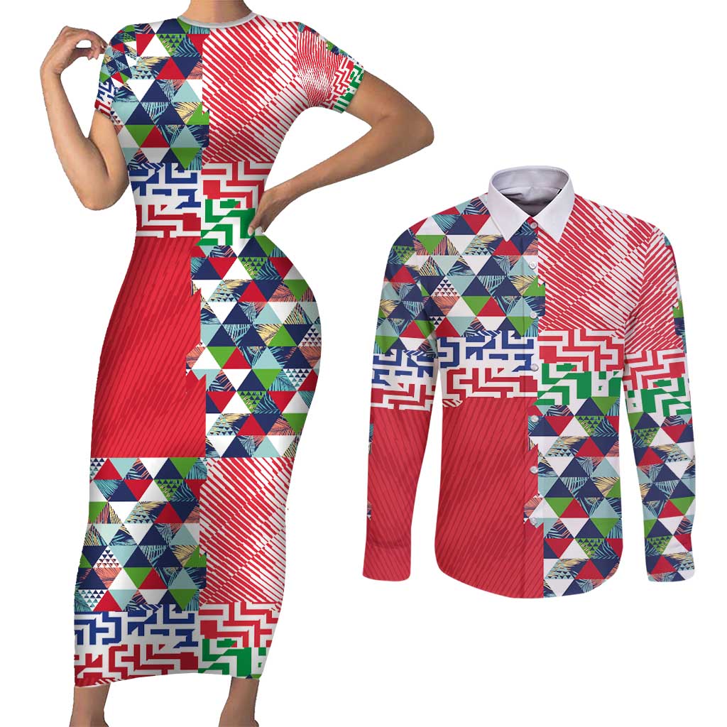 Hawaiian Floral Kakau Tropical Leaves-Sporty Style Couples Matching Short Sleeve Bodycon Dress and Long Sleeve Button Shirt LT03 Art - Polynesian Pride