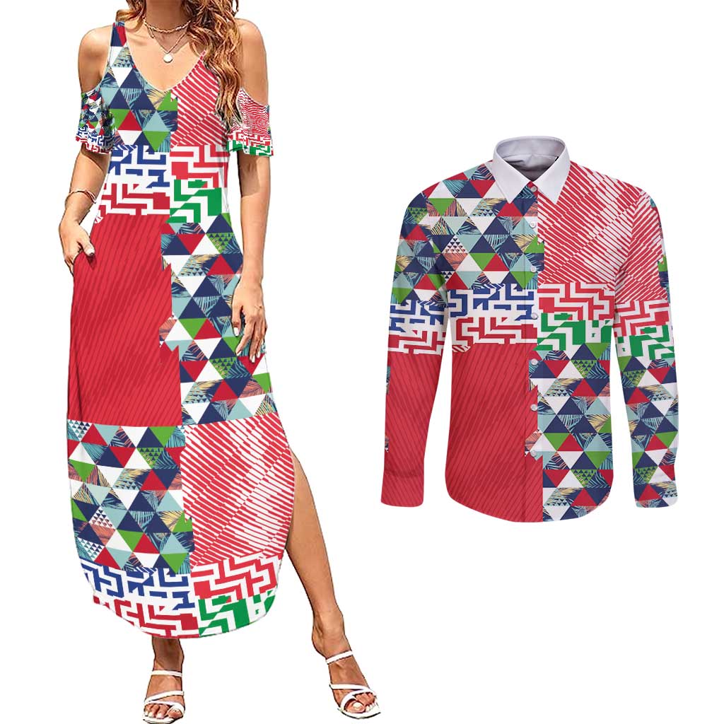 Hawaiian Floral Kakau Tropical Leaves-Sporty Style Couples Matching Summer Maxi Dress and Long Sleeve Button Shirt LT03 Art - Polynesian Pride
