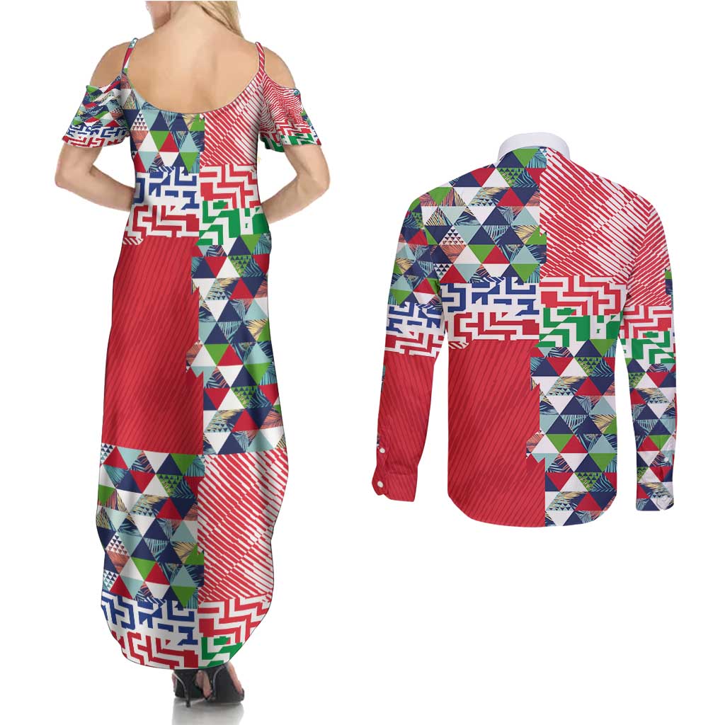 Hawaiian Floral Kakau Tropical Leaves-Sporty Style Couples Matching Summer Maxi Dress and Long Sleeve Button Shirt LT03 - Polynesian Pride