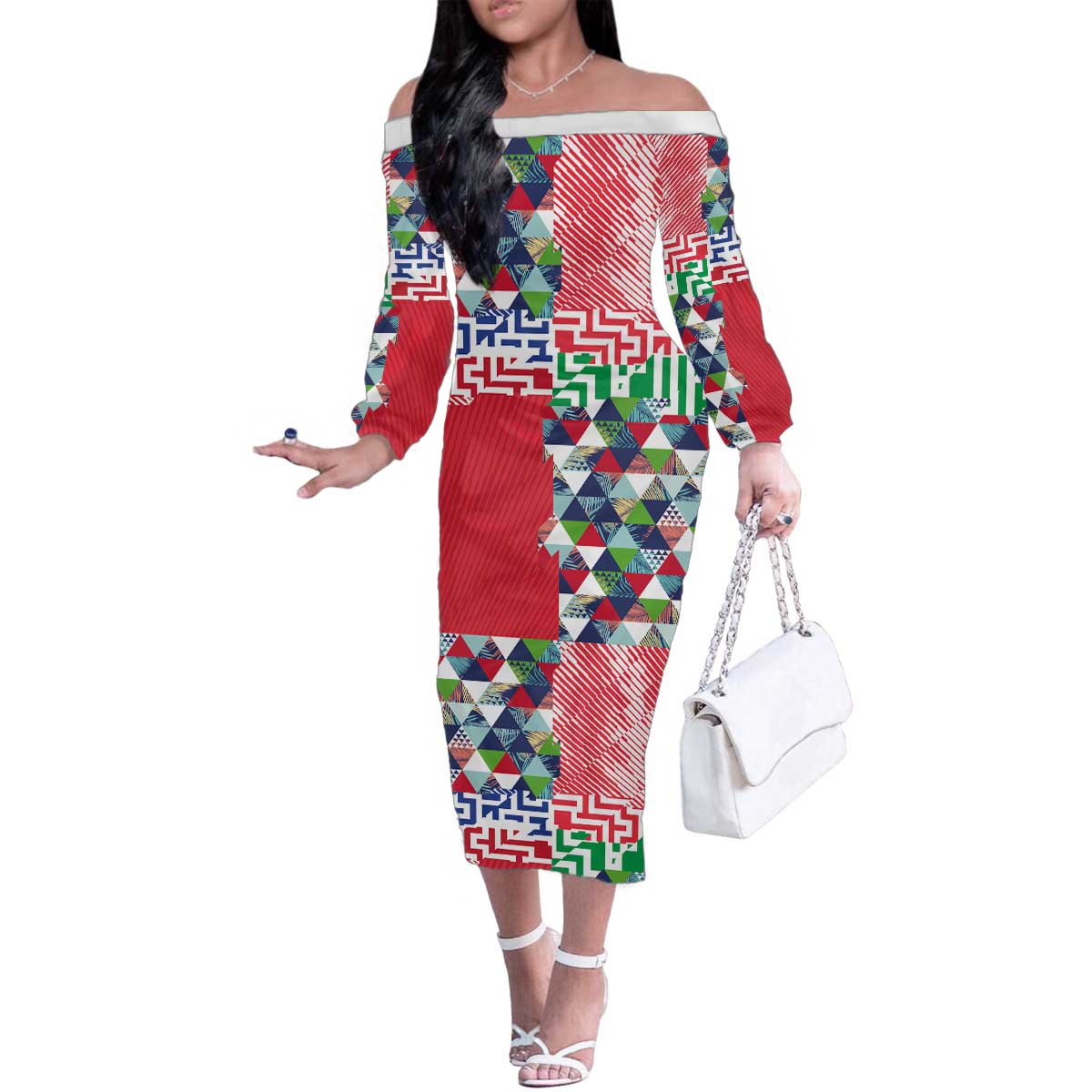 Hawaiian Floral Kakau Tropical Leaves-Sporty Style Family Matching Off The Shoulder Long Sleeve Dress and Hawaiian Shirt LT03 Mom's Dress Art - Polynesian Pride