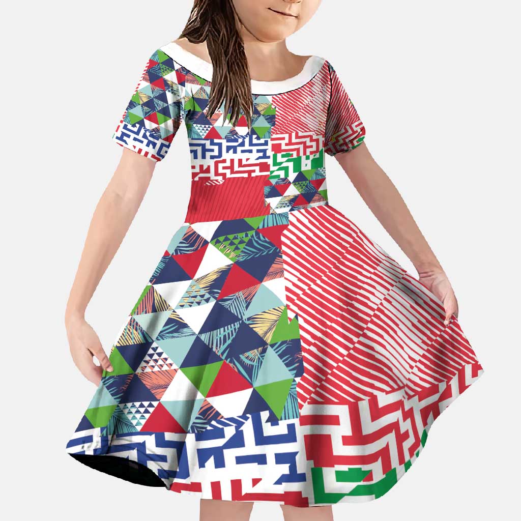 Hawaiian Floral Kakau Tropical Leaves-Sporty Style Family Matching Summer Maxi Dress and Hawaiian Shirt LT03 Daughter's Dress Art - Polynesian Pride