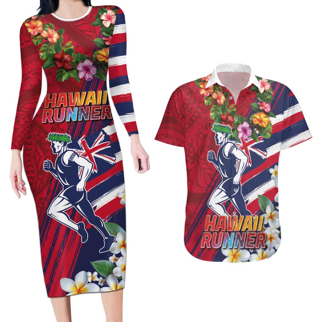 Hawaii Runner-Kakau Art with Lei and Plumeria Couples Matching Long Sleeve Bodycon Dress and Hawaiian Shirt LT03 Red-Blue - Polynesian Pride