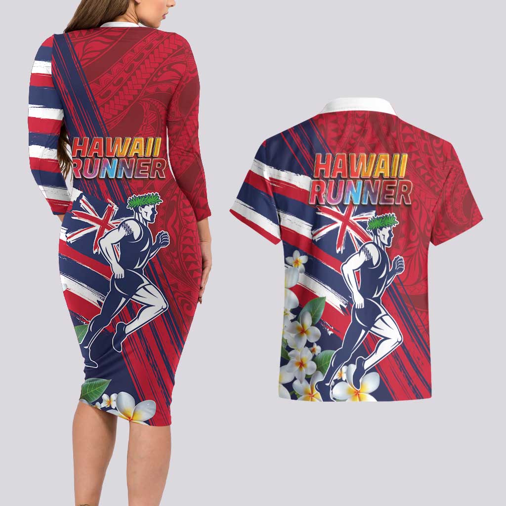 Hawaii Runner-Kakau Art with Lei and Plumeria Couples Matching Long Sleeve Bodycon Dress and Hawaiian Shirt LT03 - Polynesian Pride