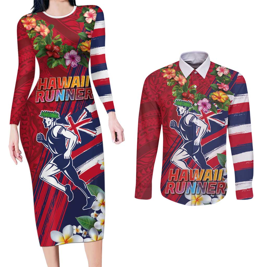 Hawaii Runner-Kakau Art with Lei and Plumeria Couples Matching Long Sleeve Bodycon Dress and Long Sleeve Button Shirt LT03 Red-Blue - Polynesian Pride