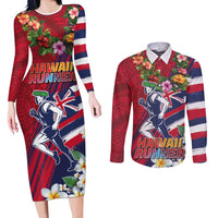 Hawaii Runner-Kakau Art with Lei and Plumeria Couples Matching Long Sleeve Bodycon Dress and Long Sleeve Button Shirt LT03 Red-Blue - Polynesian Pride