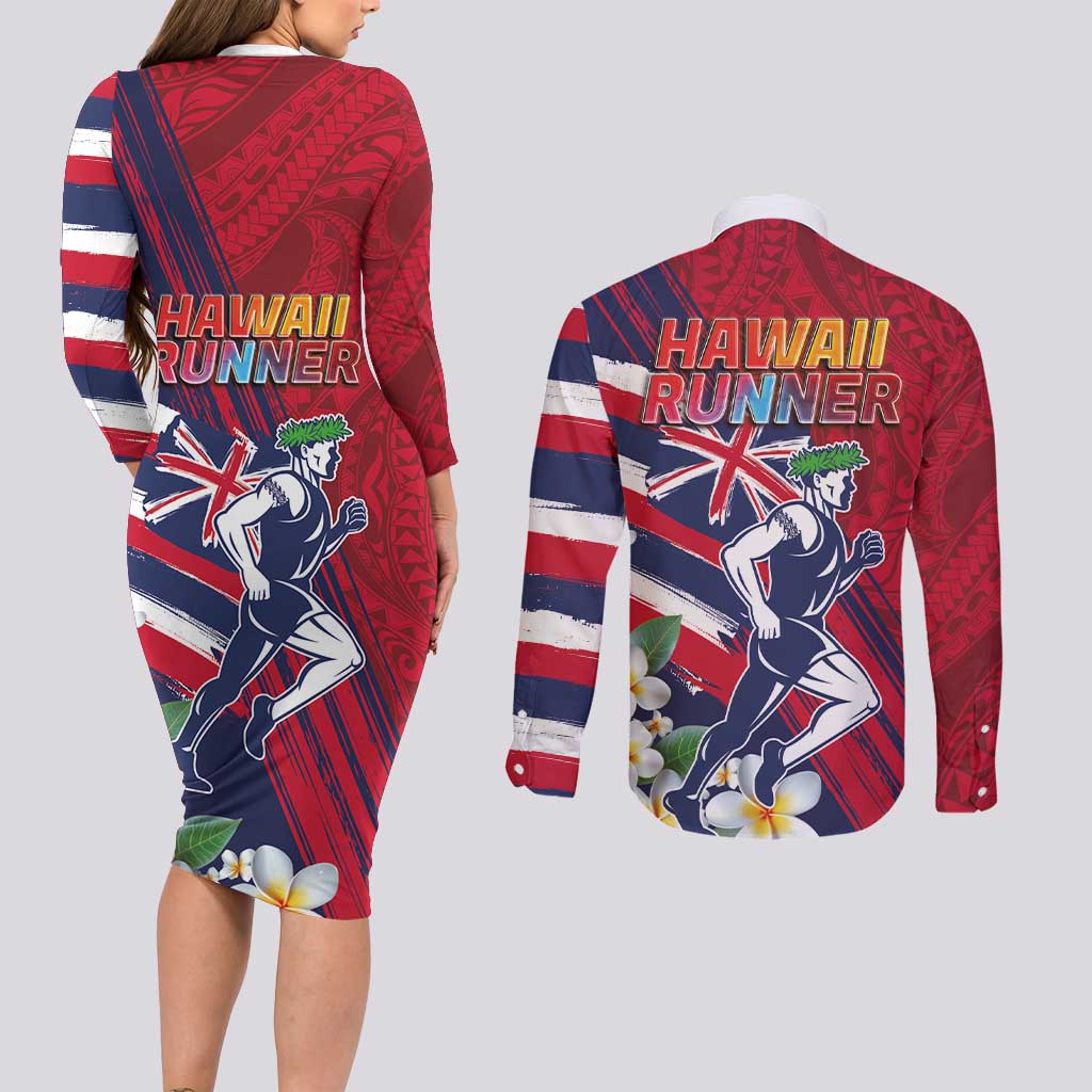 Hawaii Runner-Kakau Art with Lei and Plumeria Couples Matching Long Sleeve Bodycon Dress and Long Sleeve Button Shirt LT03 - Polynesian Pride