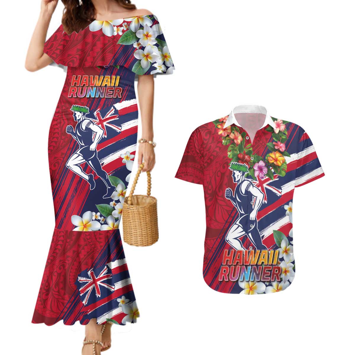 Hawaii Runner-Kakau Art with Lei and Plumeria Couples Matching Mermaid Dress and Hawaiian Shirt