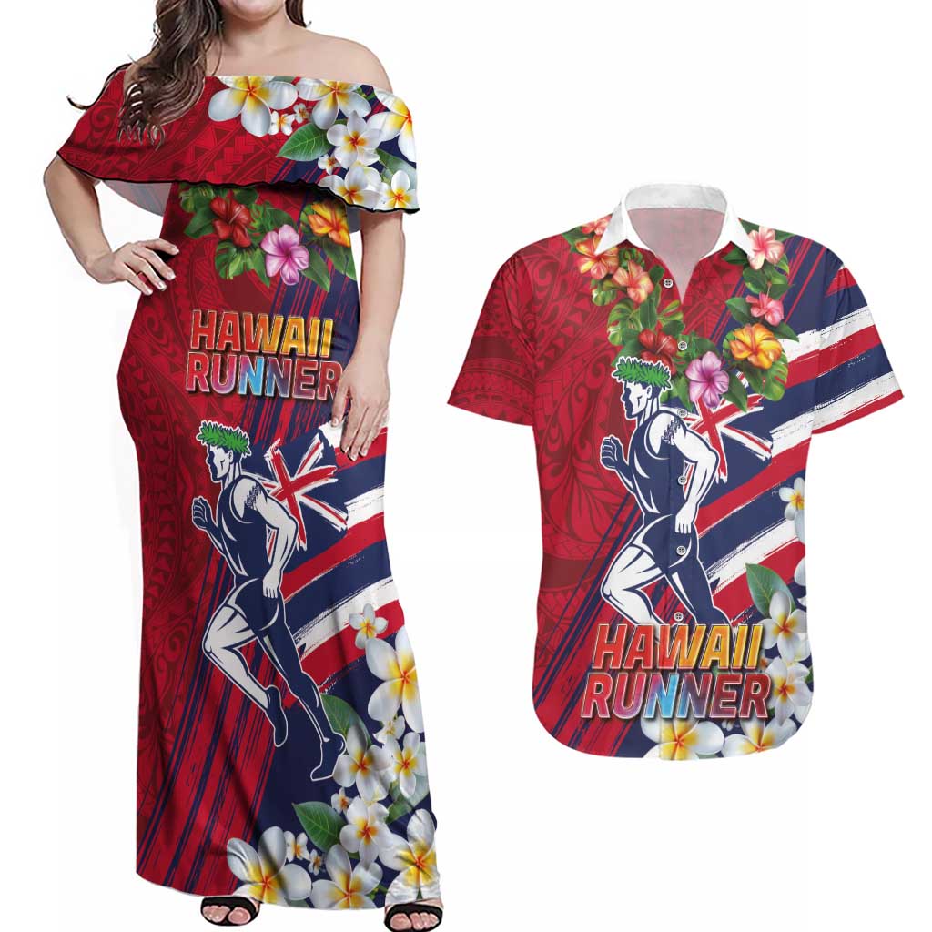 Hawaii Runner-Kakau Art with Lei and Plumeria Couples Matching Off Shoulder Maxi Dress and Hawaiian Shirt LT03 Red-Blue - Polynesian Pride
