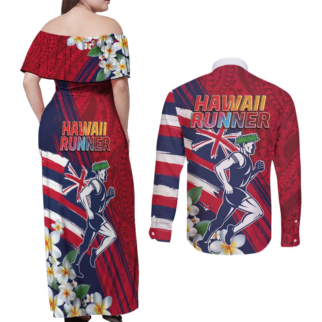Hawaii Runner-Kakau Art with Lei and Plumeria Couples Matching Off Shoulder Maxi Dress and Long Sleeve Button Shirt LT03 - Polynesian Pride