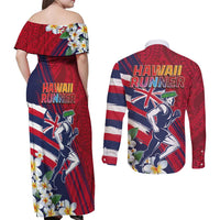 Hawaii Runner-Kakau Art with Lei and Plumeria Couples Matching Off Shoulder Maxi Dress and Long Sleeve Button Shirt LT03 - Polynesian Pride