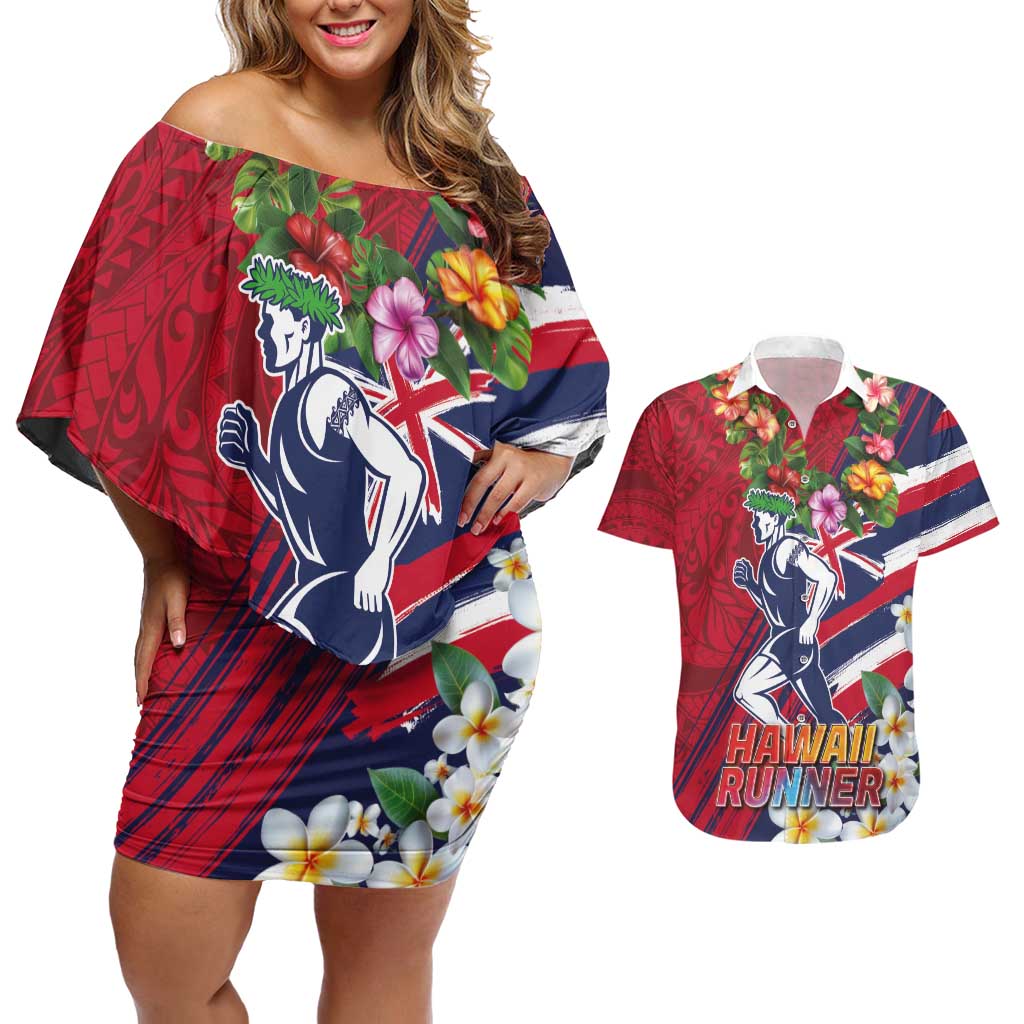 Hawaii Runner-Kakau Art with Lei and Plumeria Couples Matching Off Shoulder Short Dress and Hawaiian Shirt LT03 Red-Blue - Polynesian Pride