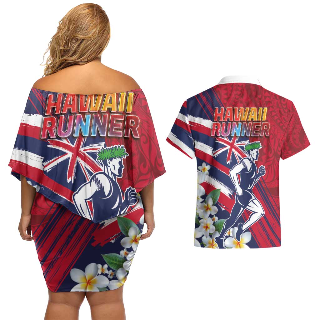 Hawaii Runner-Kakau Art with Lei and Plumeria Couples Matching Off Shoulder Short Dress and Hawaiian Shirt LT03 - Polynesian Pride