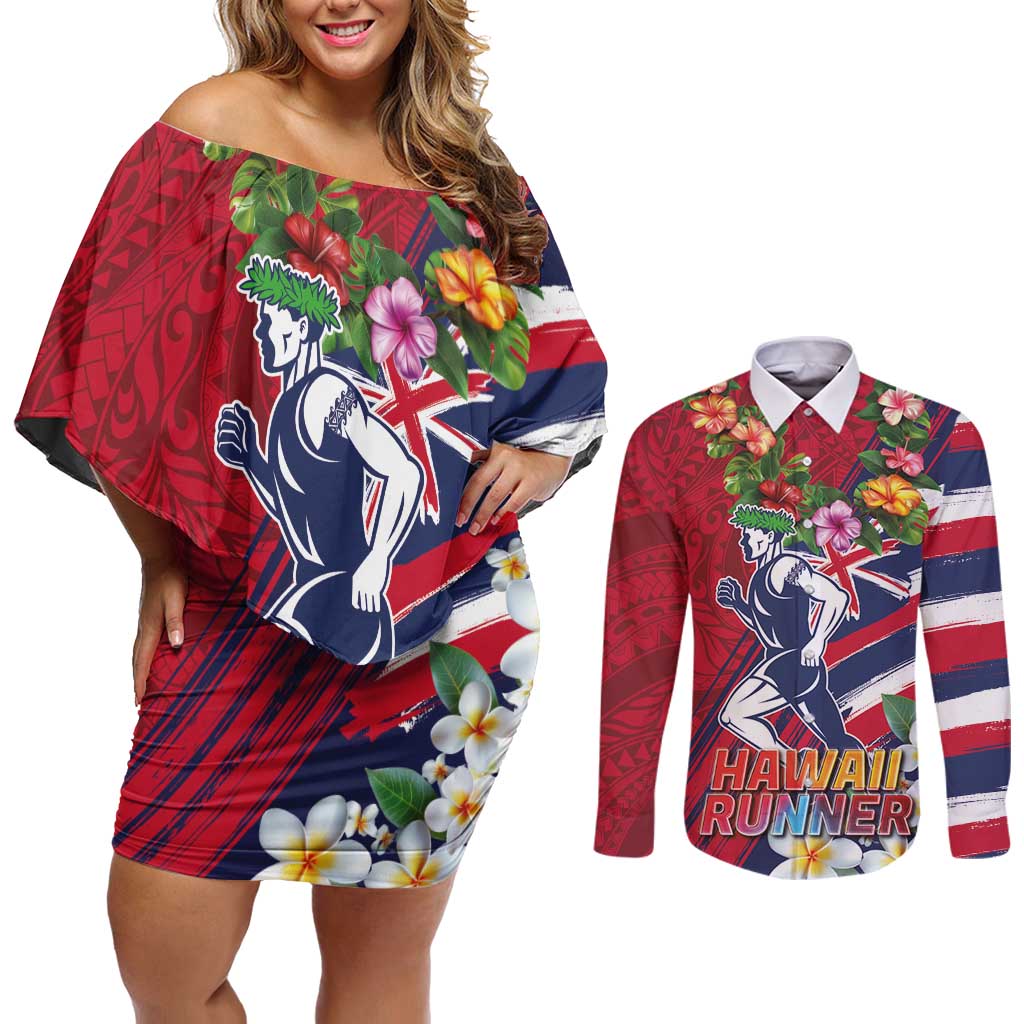 Hawaii Runner-Kakau Art with Lei and Plumeria Couples Matching Off Shoulder Short Dress and Long Sleeve Button Shirt LT03 Red-Blue - Polynesian Pride