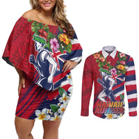 Hawaii Runner-Kakau Art with Lei and Plumeria Couples Matching Off Shoulder Short Dress and Long Sleeve Button Shirt LT03 Red-Blue - Polynesian Pride