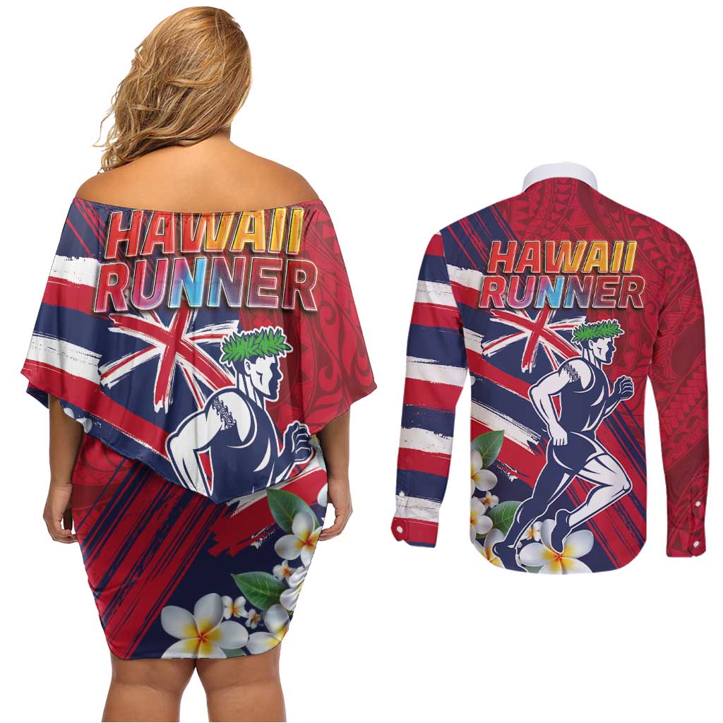 Hawaii Runner-Kakau Art with Lei and Plumeria Couples Matching Off Shoulder Short Dress and Long Sleeve Button Shirt LT03 - Polynesian Pride