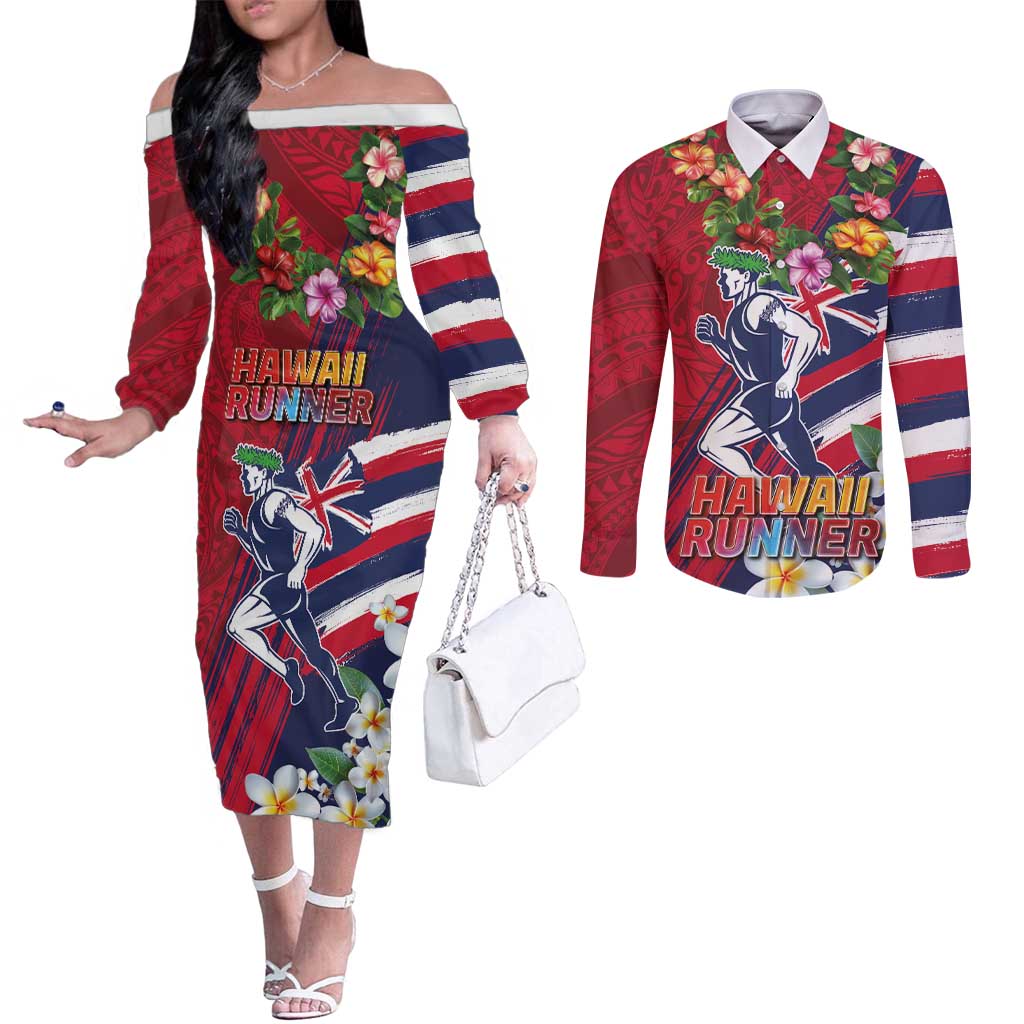Hawaii Runner-Kakau Art with Lei and Plumeria Couples Matching Off The Shoulder Long Sleeve Dress and Long Sleeve Button Shirt LT03 Red-Blue - Polynesian Pride