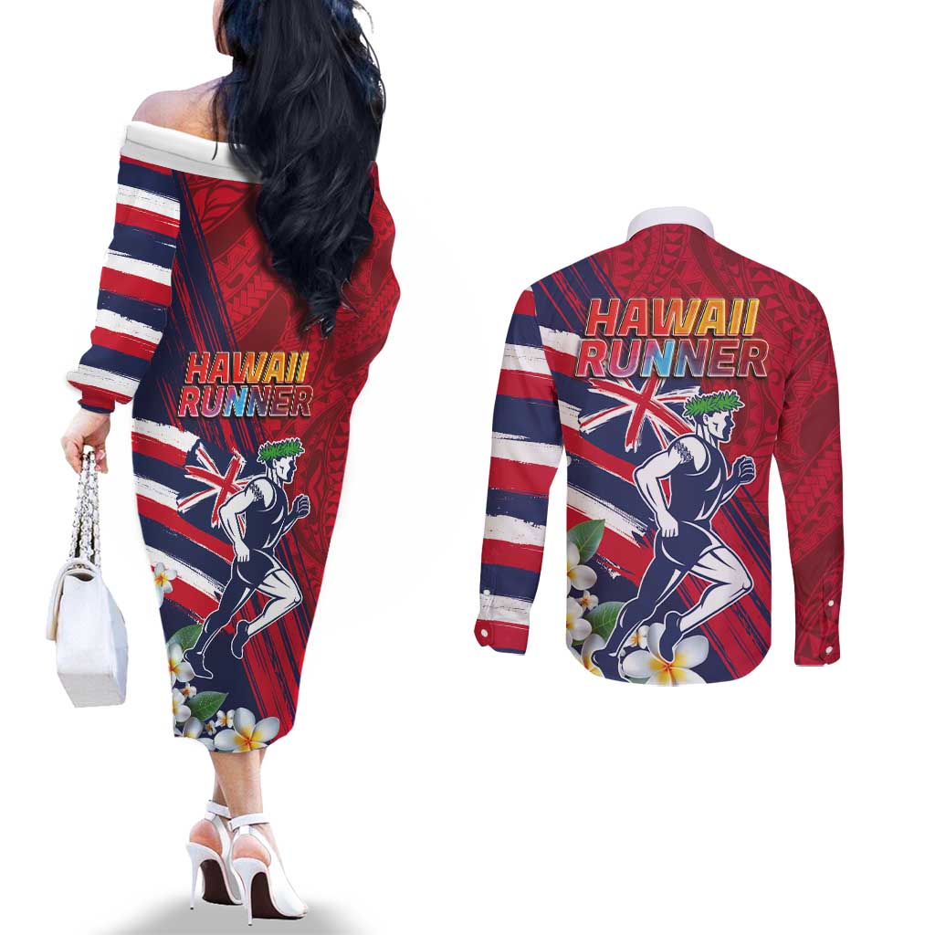 Hawaii Runner-Kakau Art with Lei and Plumeria Couples Matching Off The Shoulder Long Sleeve Dress and Long Sleeve Button Shirt LT03 - Polynesian Pride