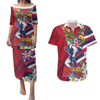 Hawaii Runner-Kakau Art with Lei and Plumeria Couples Matching Puletasi and Hawaiian Shirt LT03 Red-Blue - Polynesian Pride