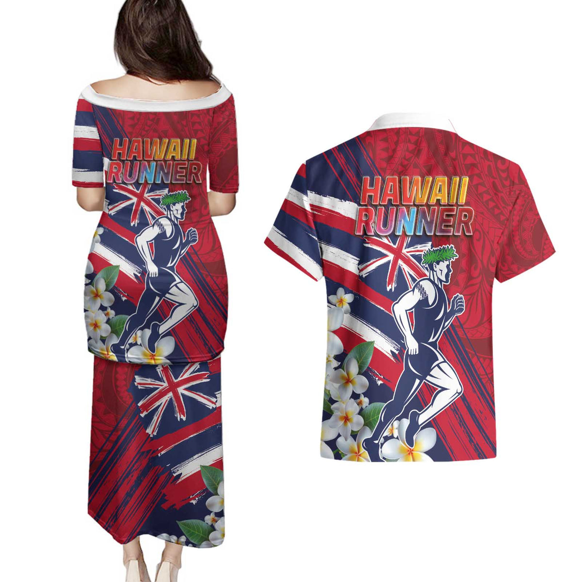 Hawaii Runner-Kakau Art with Lei and Plumeria Couples Matching Puletasi and Hawaiian Shirt LT03 - Polynesian Pride