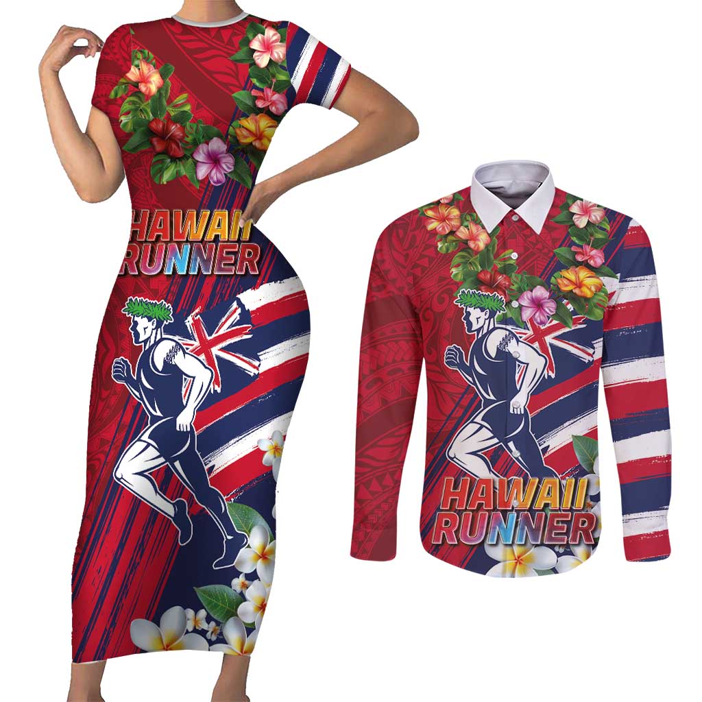 Hawaii Runner-Kakau Art with Lei and Plumeria Couples Matching Short Sleeve Bodycon Dress and Long Sleeve Button Shirt LT03 Red-Blue - Polynesian Pride