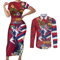 Hawaii Runner-Kakau Art with Lei and Plumeria Couples Matching Short Sleeve Bodycon Dress and Long Sleeve Button Shirt LT03 Red-Blue - Polynesian Pride