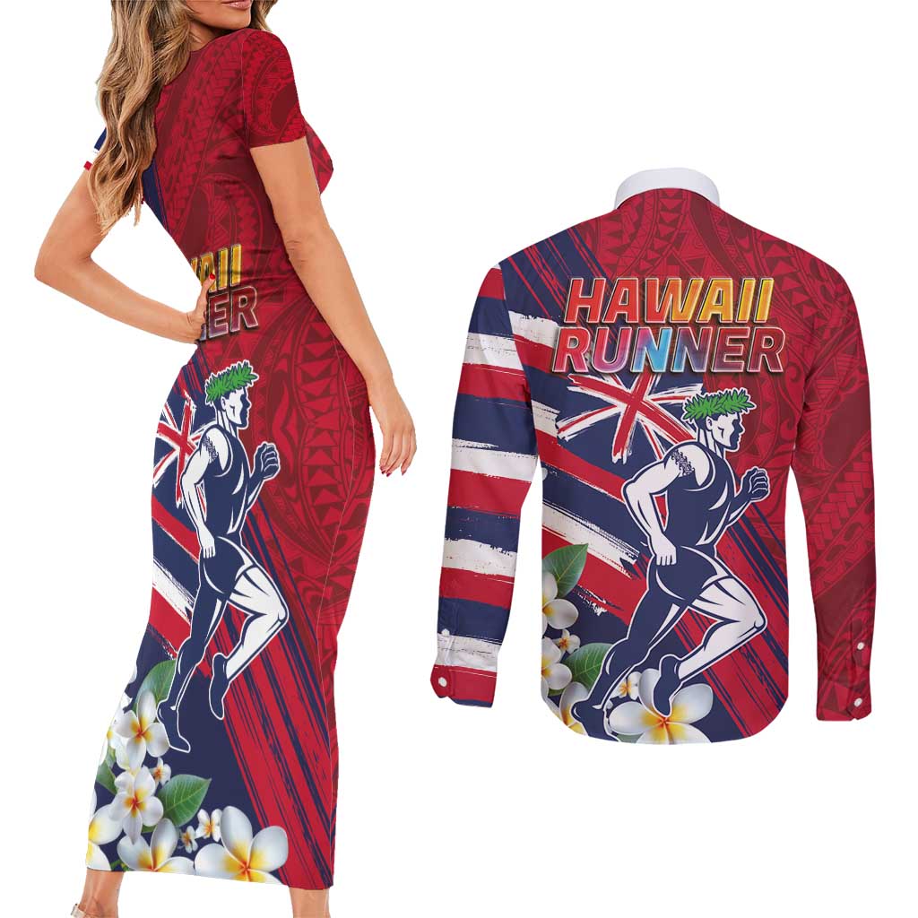 Hawaii Runner-Kakau Art with Lei and Plumeria Couples Matching Short Sleeve Bodycon Dress and Long Sleeve Button Shirt LT03 - Polynesian Pride