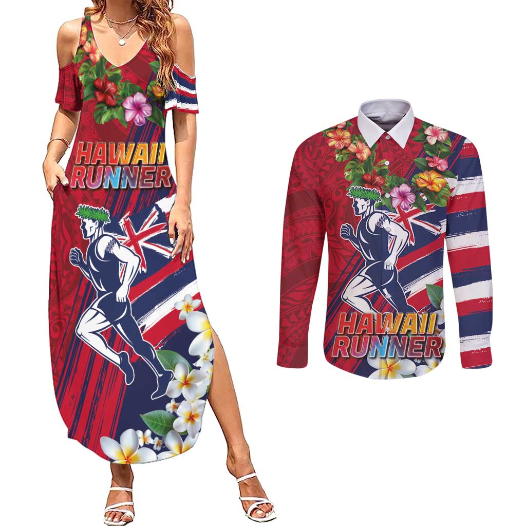Hawaii Runner-Kakau Art with Lei and Plumeria Couples Matching Summer Maxi Dress and Long Sleeve Button Shirt LT03 Red-Blue - Polynesian Pride