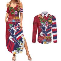 Hawaii Runner-Kakau Art with Lei and Plumeria Couples Matching Summer Maxi Dress and Long Sleeve Button Shirt LT03 Red-Blue - Polynesian Pride