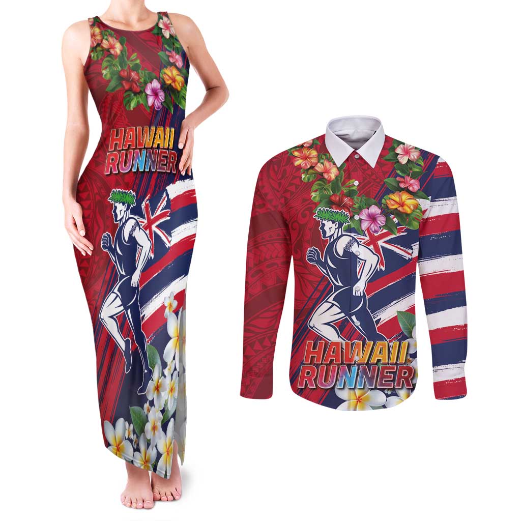Hawaii Runner-Kakau Art with Lei and Plumeria Couples Matching Tank Maxi Dress and Long Sleeve Button Shirt LT03 Red-Blue - Polynesian Pride