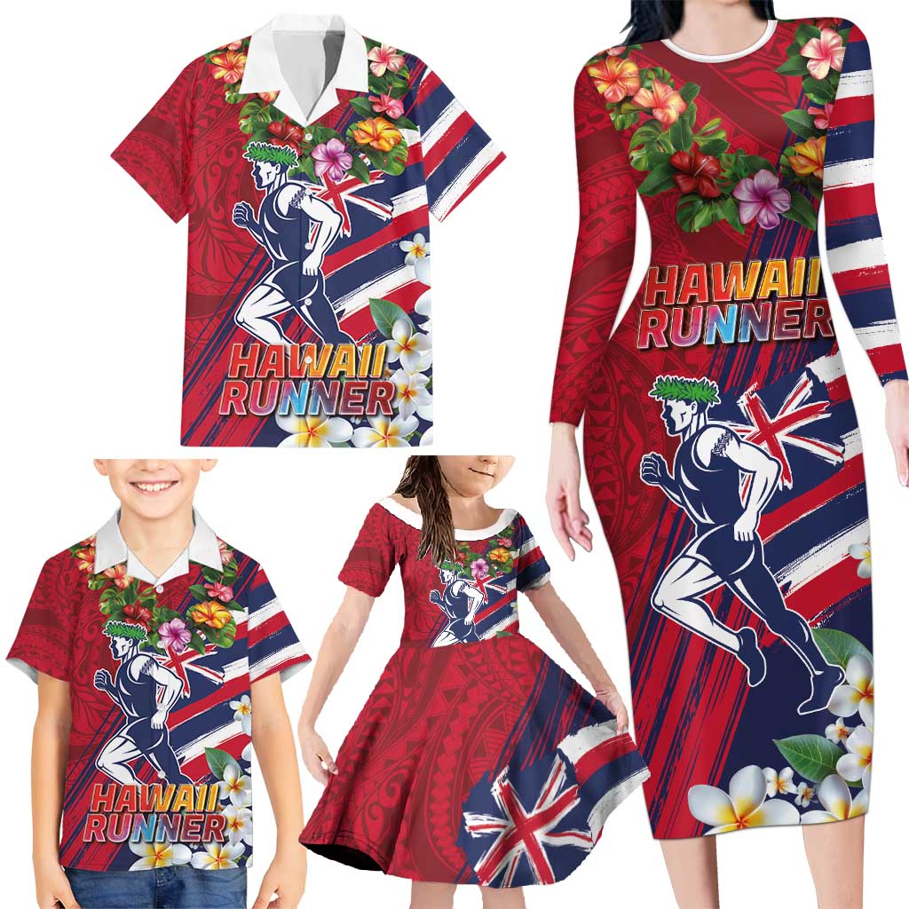 Hawaii Runner-Kakau Art with Lei and Plumeria Family Matching Long Sleeve Bodycon Dress and Hawaiian Shirt LT03 - Polynesian Pride
