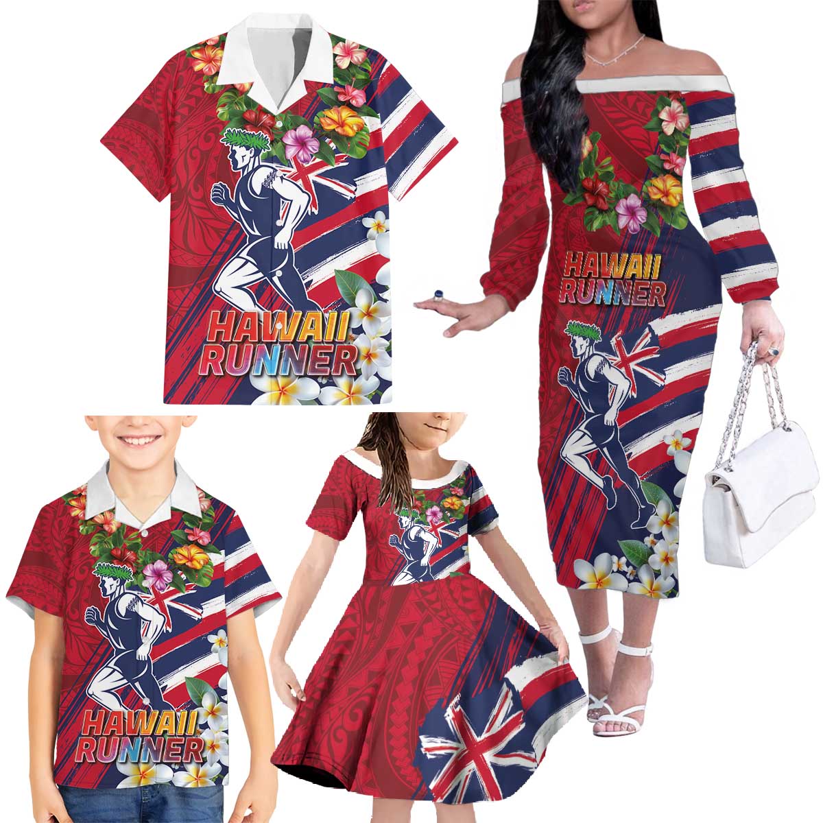 Hawaii Runner-Kakau Art with Lei and Plumeria Family Matching Off The Shoulder Long Sleeve Dress and Hawaiian Shirt LT03 - Polynesian Pride