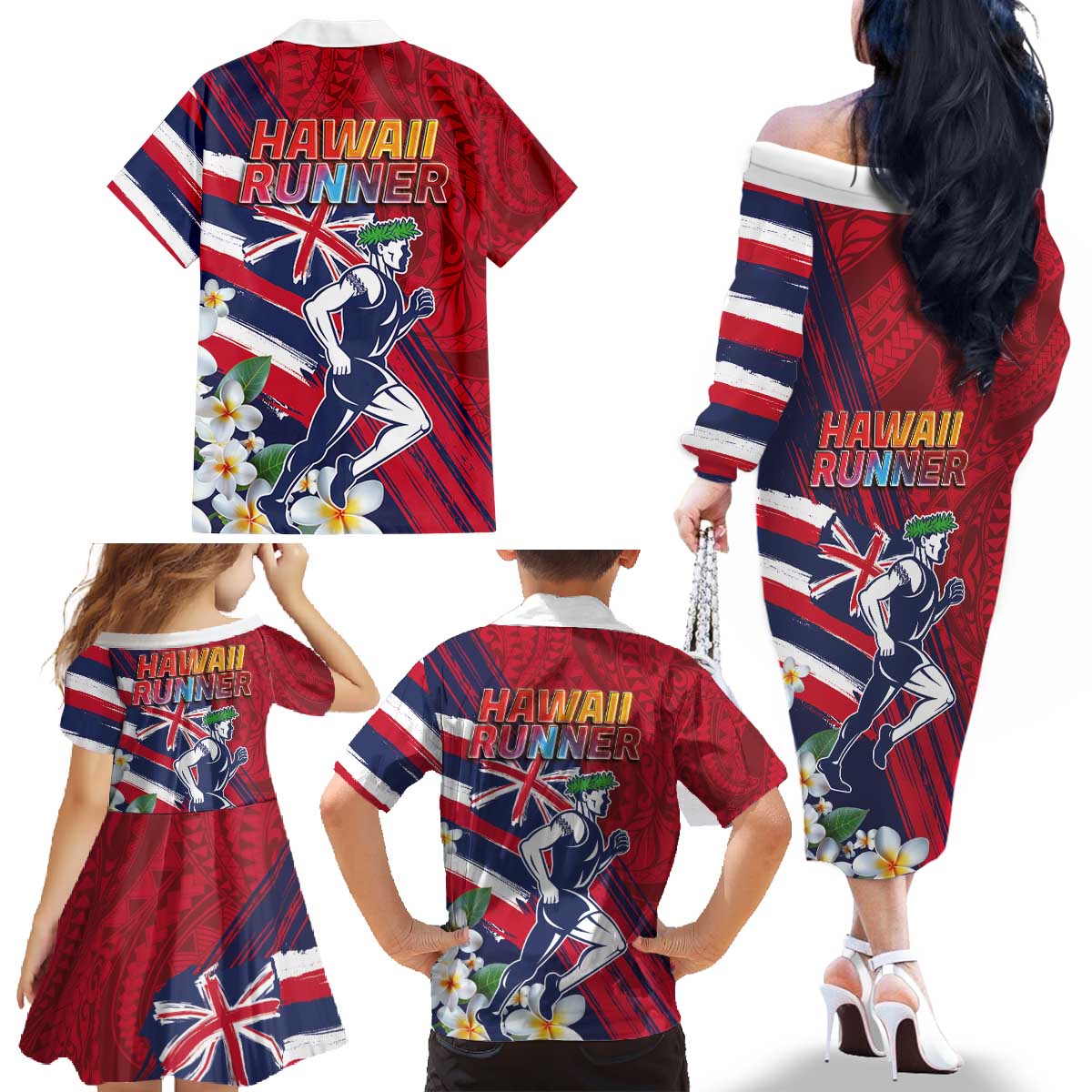 Hawaii Runner-Kakau Art with Lei and Plumeria Family Matching Off The Shoulder Long Sleeve Dress and Hawaiian Shirt LT03 - Polynesian Pride