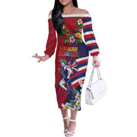 Hawaii Runner-Kakau Art with Lei and Plumeria Family Matching Off The Shoulder Long Sleeve Dress and Hawaiian Shirt LT03 Mom's Dress Red-Blue - Polynesian Pride