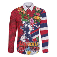 Hawaii Runner-Kakau Art with Lei and Plumeria Family Matching Summer Maxi Dress and Hawaiian Shirt LT03 Dad's Shirt - Long Sleeve Red-Blue - Polynesian Pride