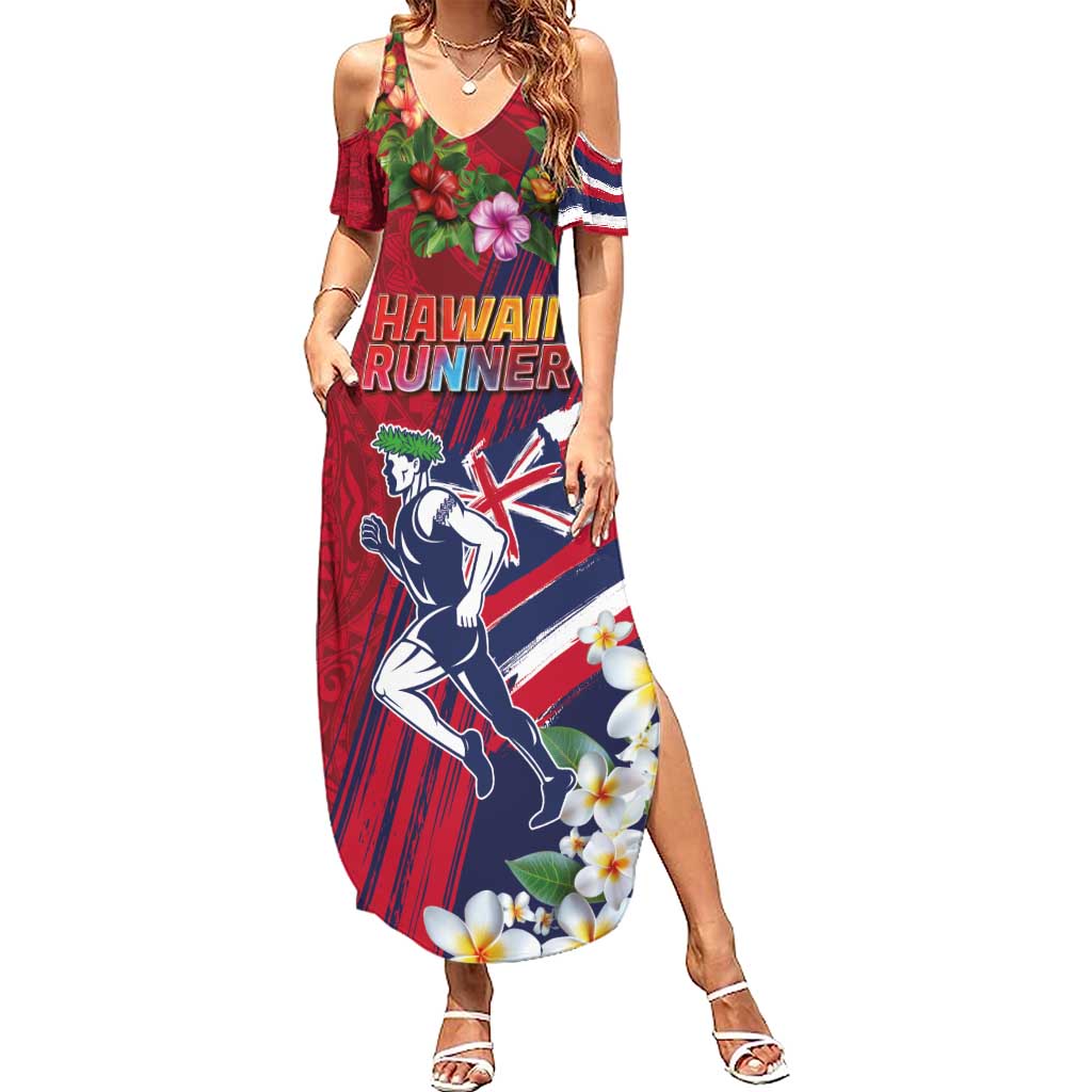 Hawaii Runner-Kakau Art with Lei and Plumeria Family Matching Summer Maxi Dress and Hawaiian Shirt LT03 Mom's Dress Red-Blue - Polynesian Pride