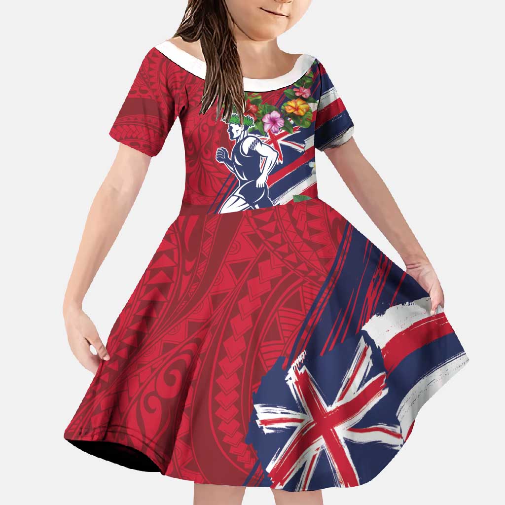 Hawaii Runner-Kakau Art with Lei and Plumeria Family Matching Tank Maxi Dress and Hawaiian Shirt LT03 Daughter's Dress Red-Blue - Polynesian Pride