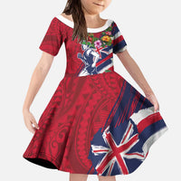 Hawaii Runner-Kakau Art with Lei and Plumeria Kid Short Sleeve Dress LT03 KID Red-Blue - Polynesian Pride