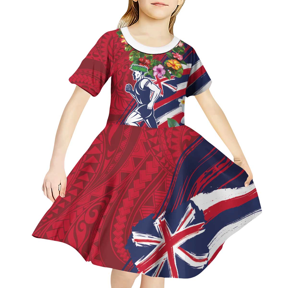 Hawaii Runner-Kakau Art with Lei and Plumeria Kid Short Sleeve Dress LT03 - Polynesian Pride