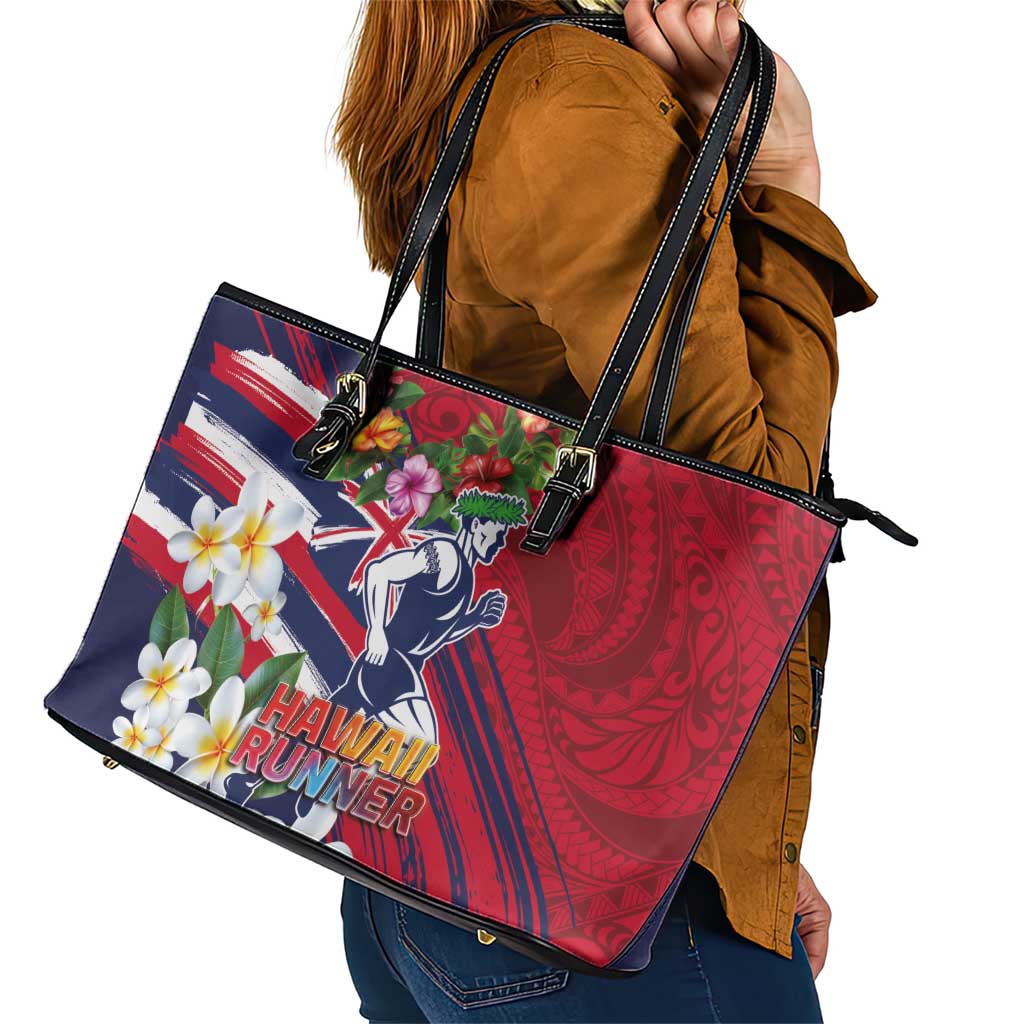 Hawaii Runner-Kakau Art with Lei and Plumeria Leather Tote Bag