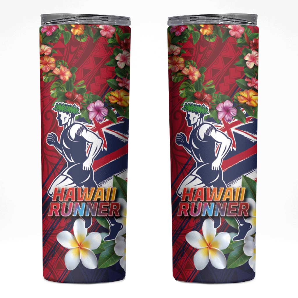 Hawaii Runner-Kakau Art with Lei and Plumeria Skinny Tumbler LT03 Red-Blue - Polynesian Pride